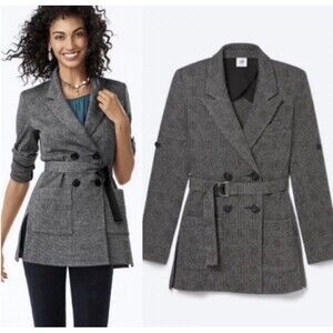 CAbi Bond 3728 Blazer Women Small Tweed Double Breasted Grey Plaid No Belt GUC